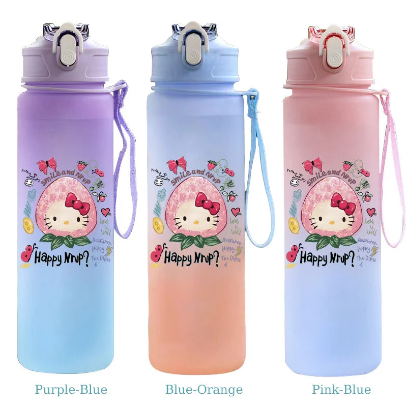 Three colorful water bottles with cartoon character design on a white background