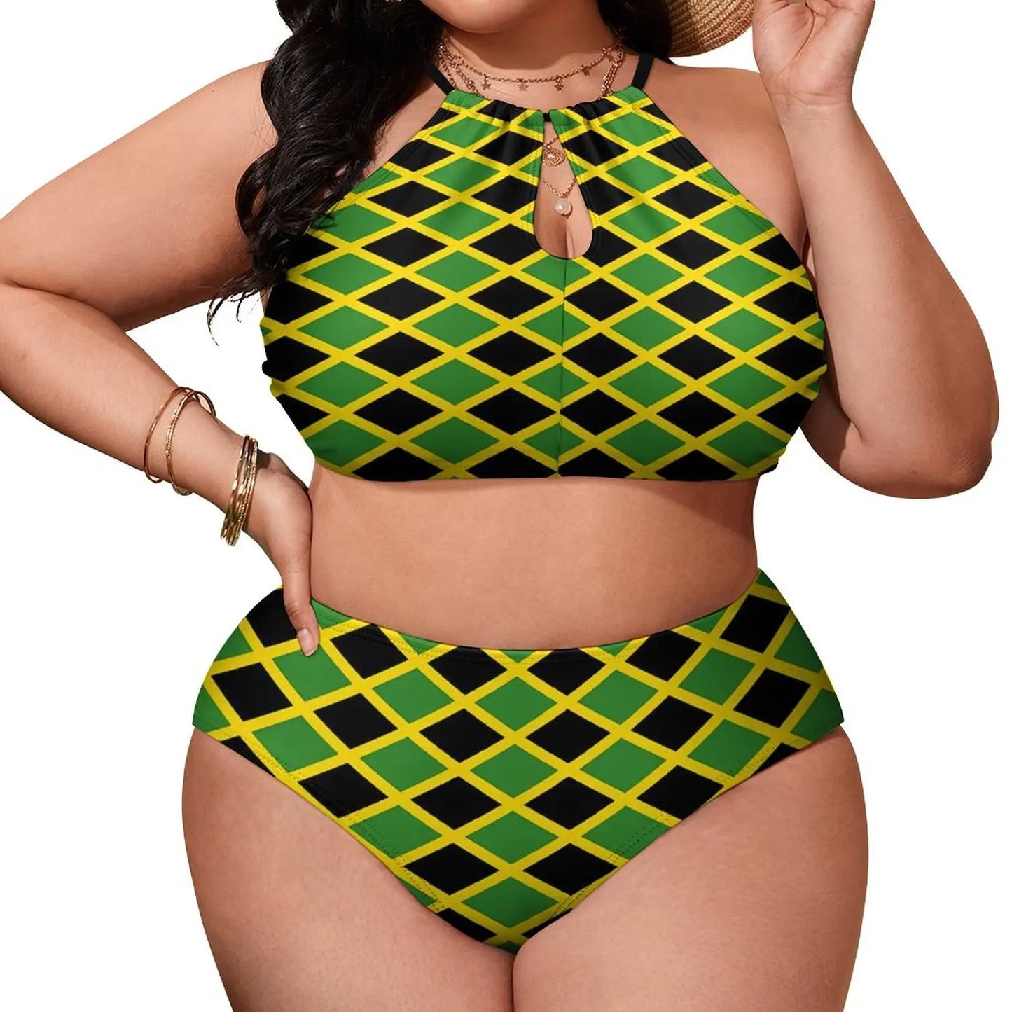 Woman wearing a green and black patterned two-piece swimsuit on a white background