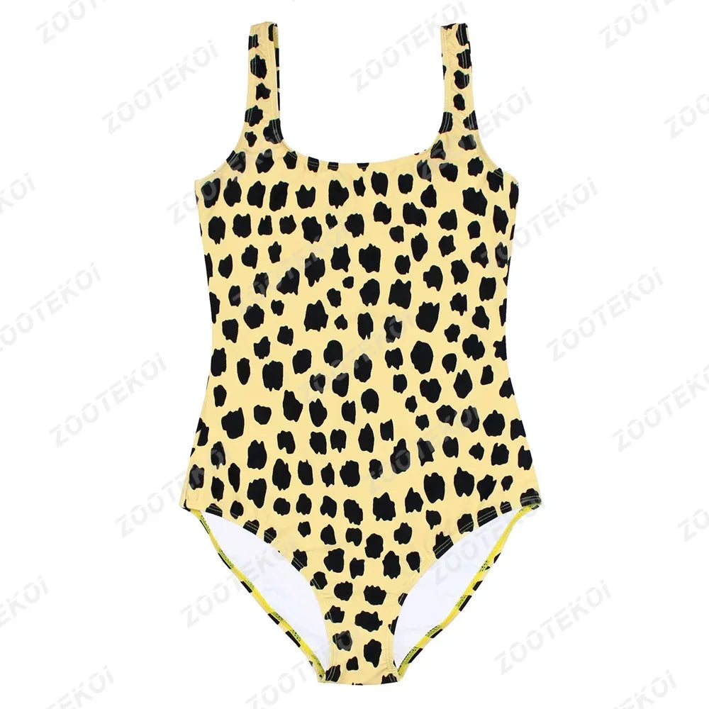 One-piece swimsuit with cheetah pattern on a white background
