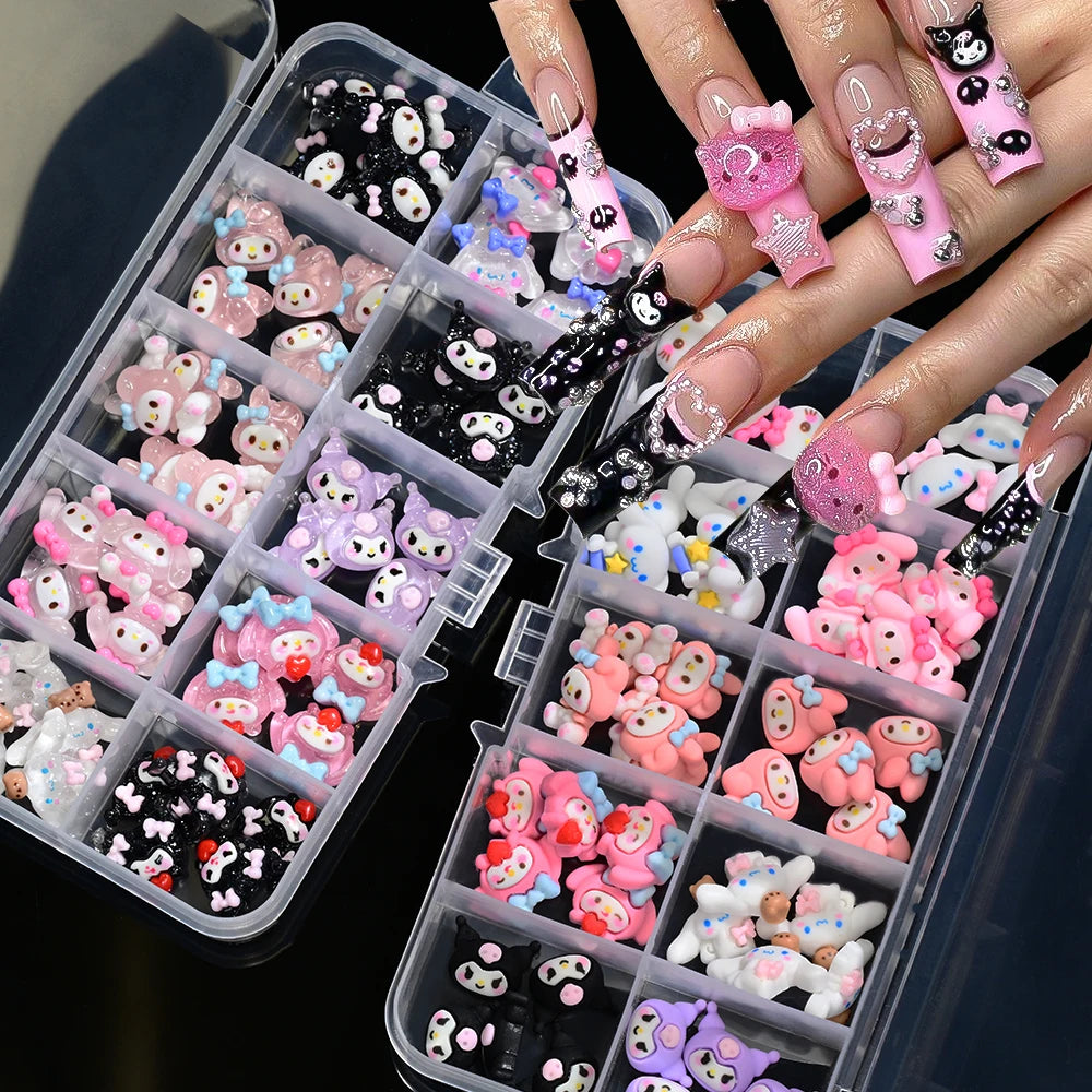 Set of colorful nail art decorations in a clear plastic case with a hand wearing decorated nails.