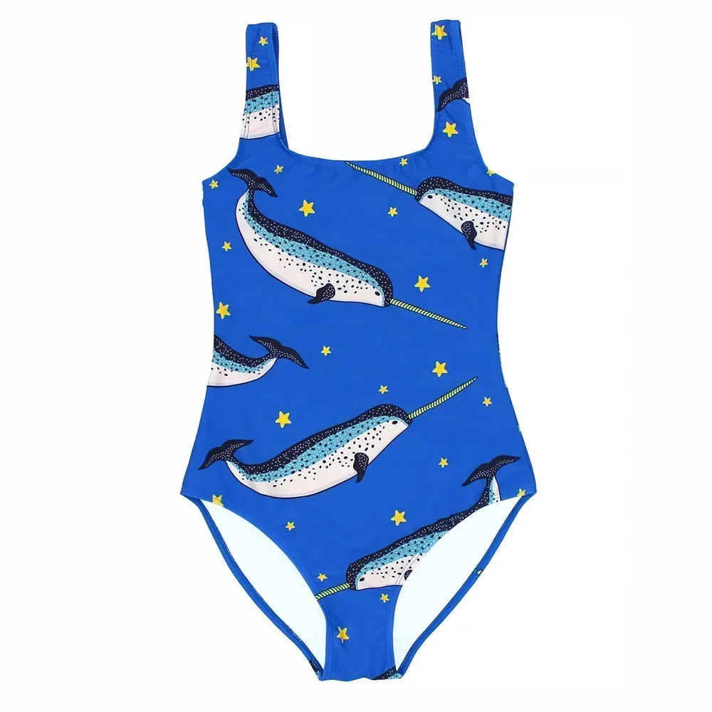 Blue swimsuit with narwhal design on a white background