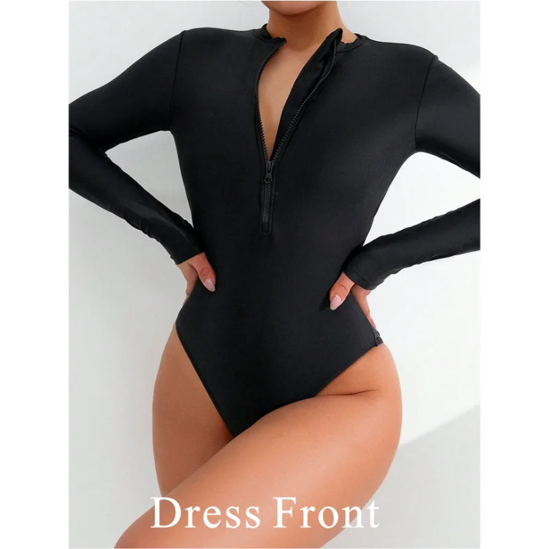 Black bodysuit with long sleeves on a white background