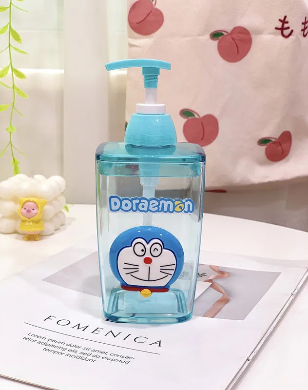 Blue bottle with a pump and Doraemon character on a white surface with a colorful background.