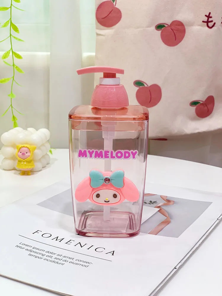 Pink bottle with cartoon character on a table with a magazine and decorative items.