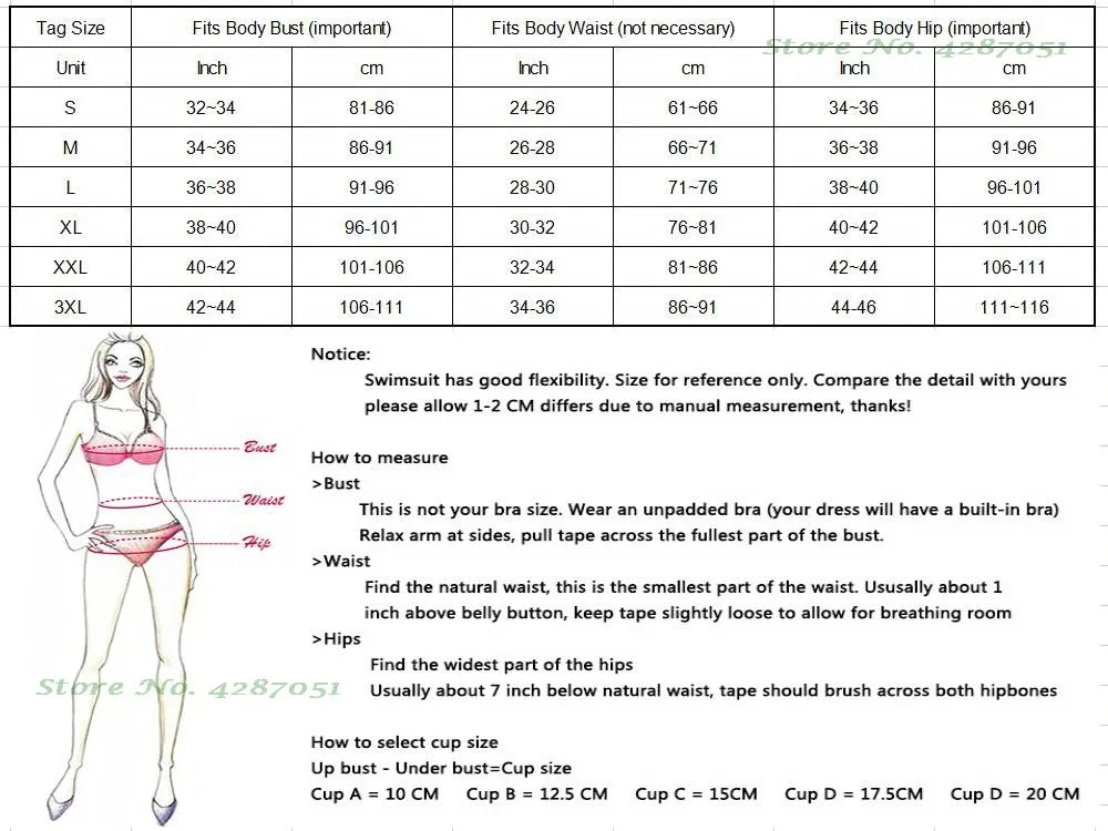 Size chart for swimsuits with measurements in inches and centimeters, accompanied by a diagram of a woman wearing a swimsuit.