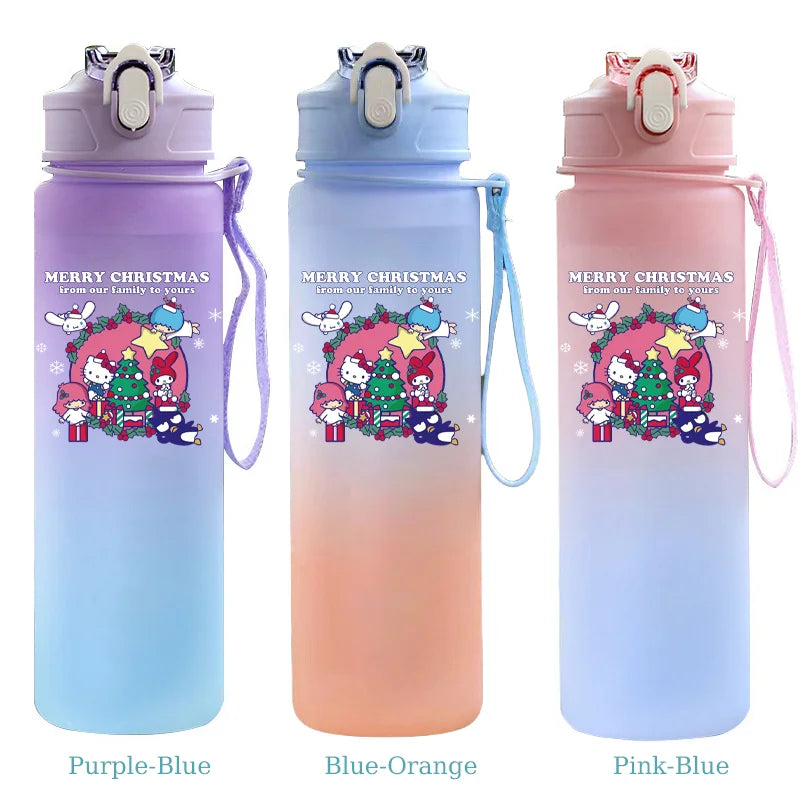 Three Christmas-themed water bottles in purple-blue, blue-orange, and pink-blue with cartoon characters and 'Merry Christmas' text.