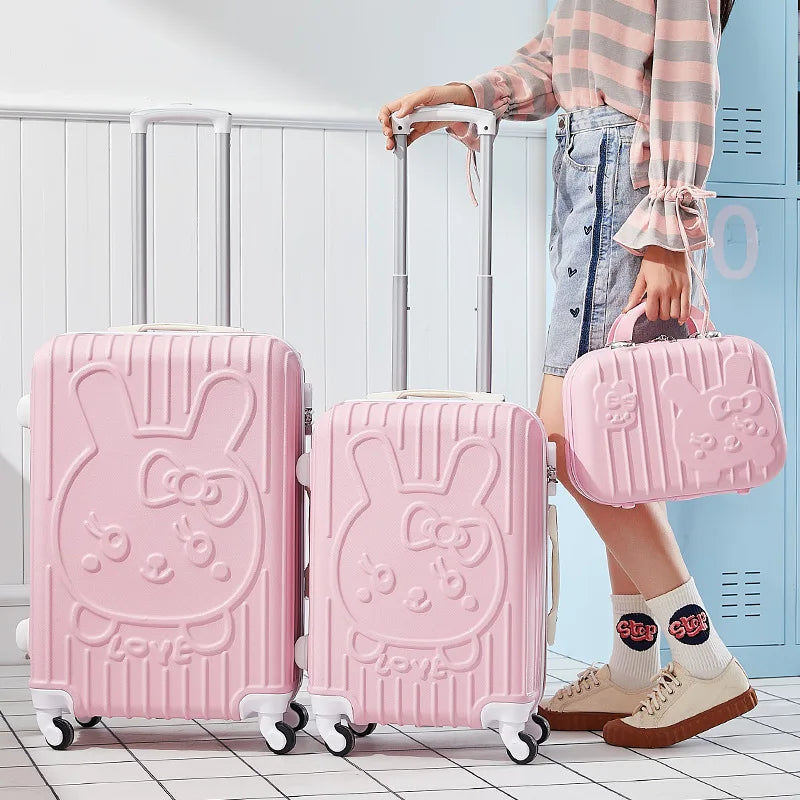 Person holding a pink suitcase with a Hello Kitty design in a locker room.