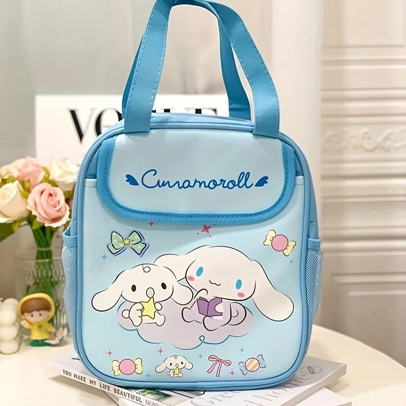 Blue Cinnamoroll lunch bag on a table with decorative background