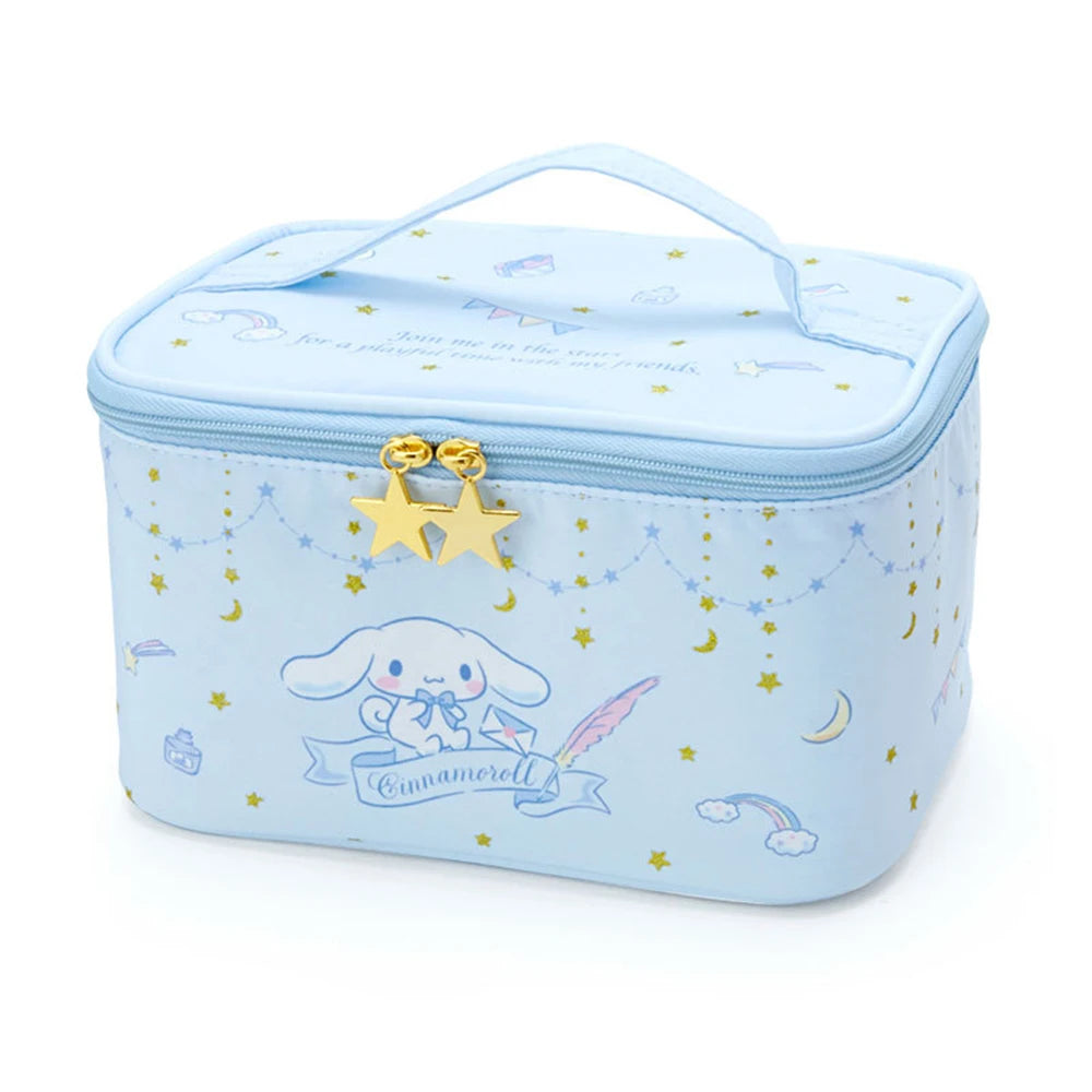 Light blue cosmetic bag with cartoon character and star designs on a white background