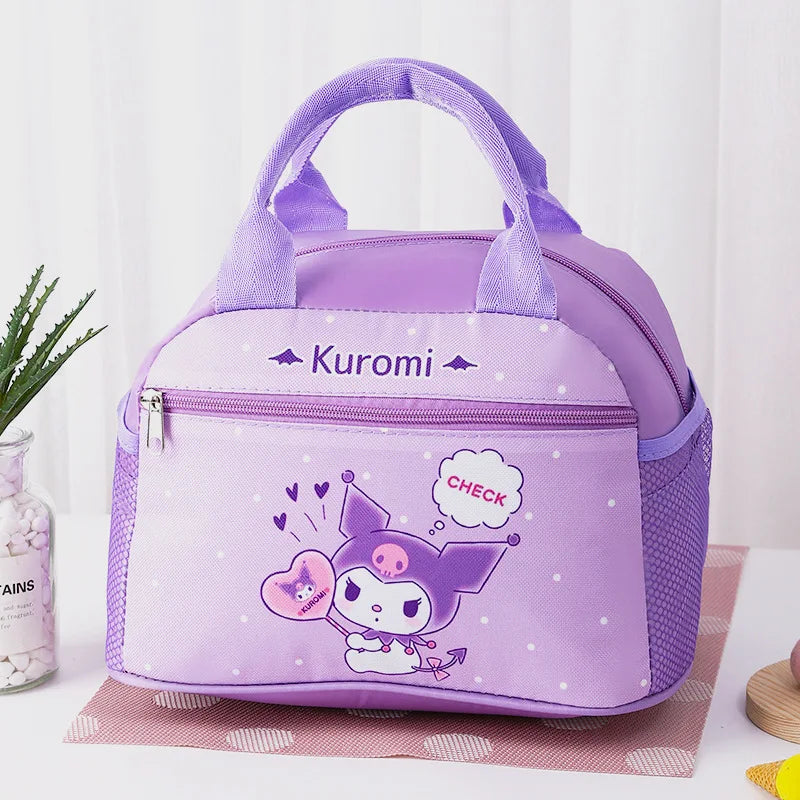 Purple lunch bag with Kuromi character design on a white background