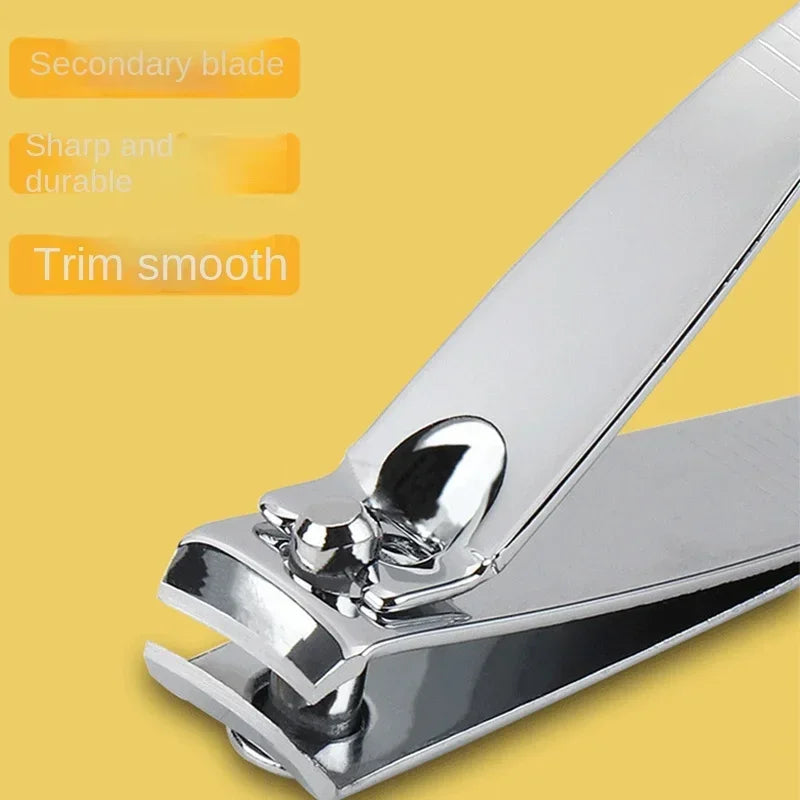 Metallic nail clipper on a yellow background with text highlighting features.