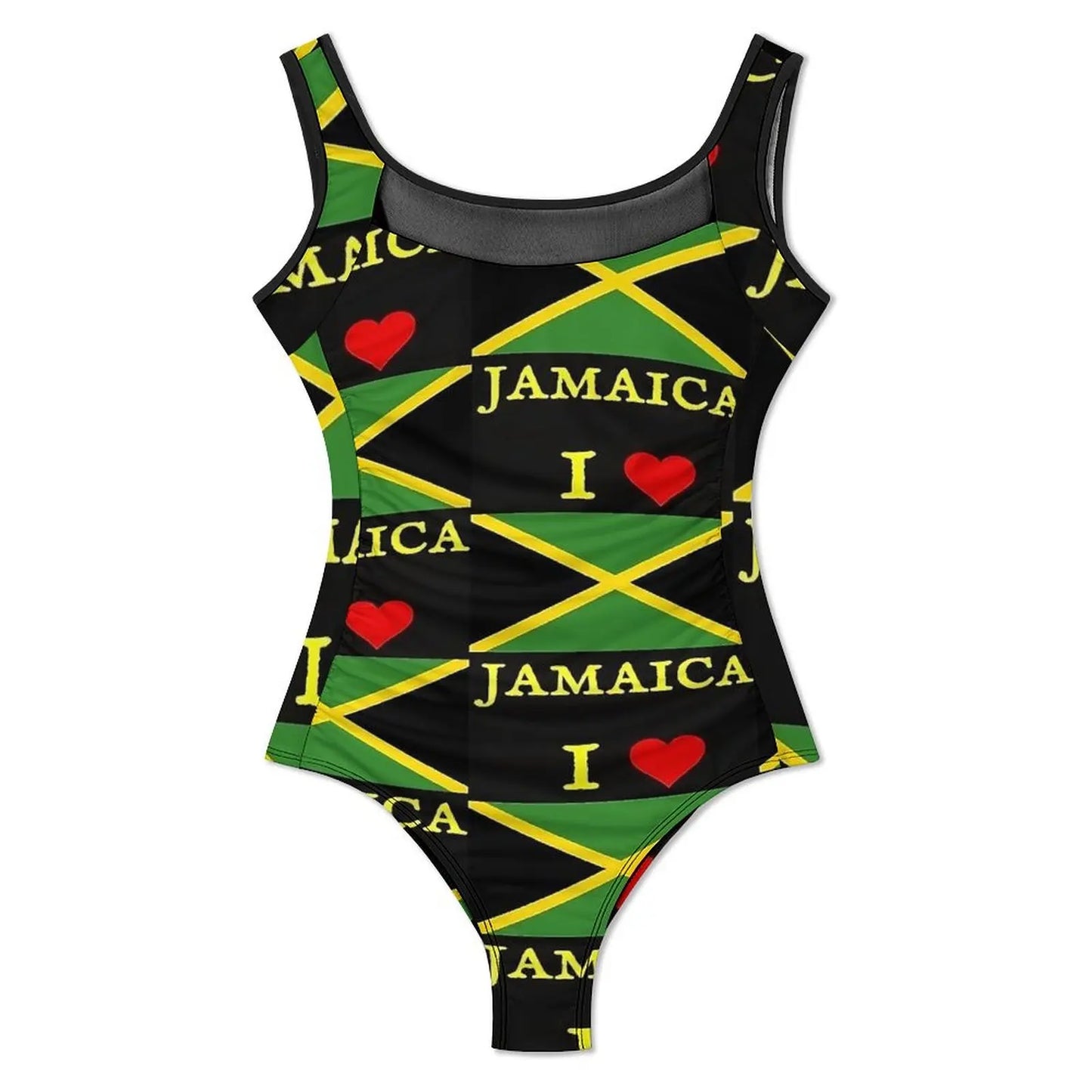 One-piece swimsuit with Jamaica-themed design on a white background