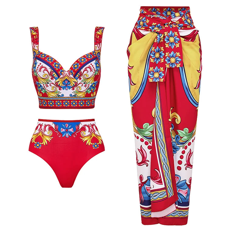 Colorful swimsuit set with floral patterns on a white background