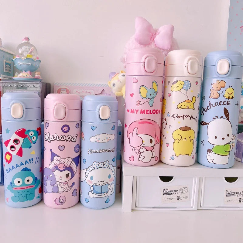 Collection of colorful cartoon-themed water bottles on a shelf.