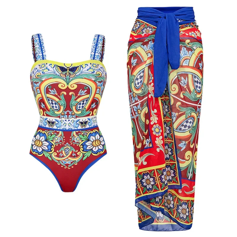 Colorful swimsuit with matching sarong on a white background