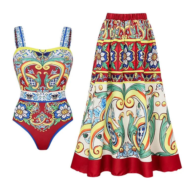 Colorful swimsuit with matching skirt on a white background