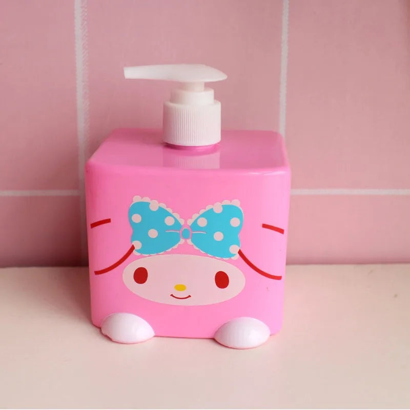 Pink cartoon-shaped bottle with a blue bow on a pink background