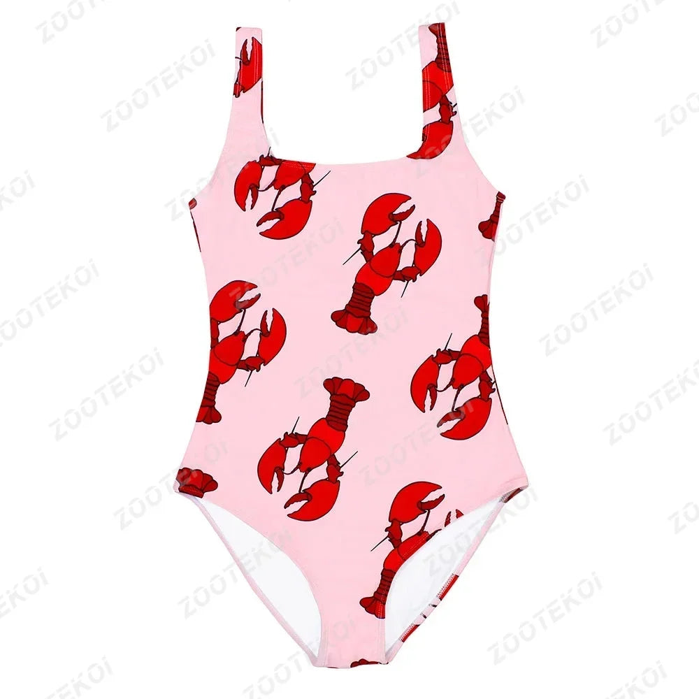 One-piece swimsuit with red lobster pattern on pink background