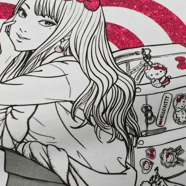 Illustration of a character with long hair and a suitcase decorated with Hello Kitty stickers.