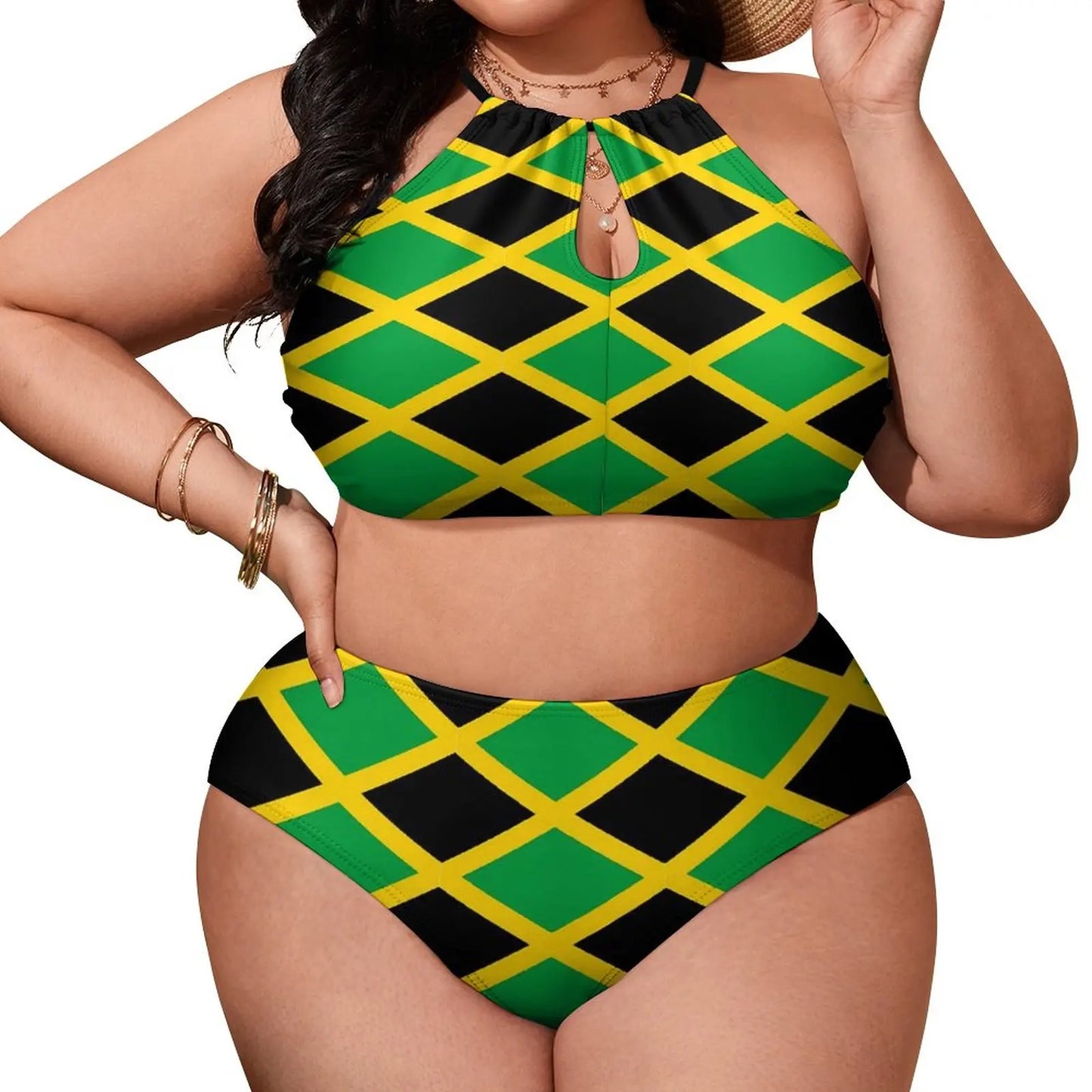 Two-piece swimsuit with green, black, and yellow pattern on a white background