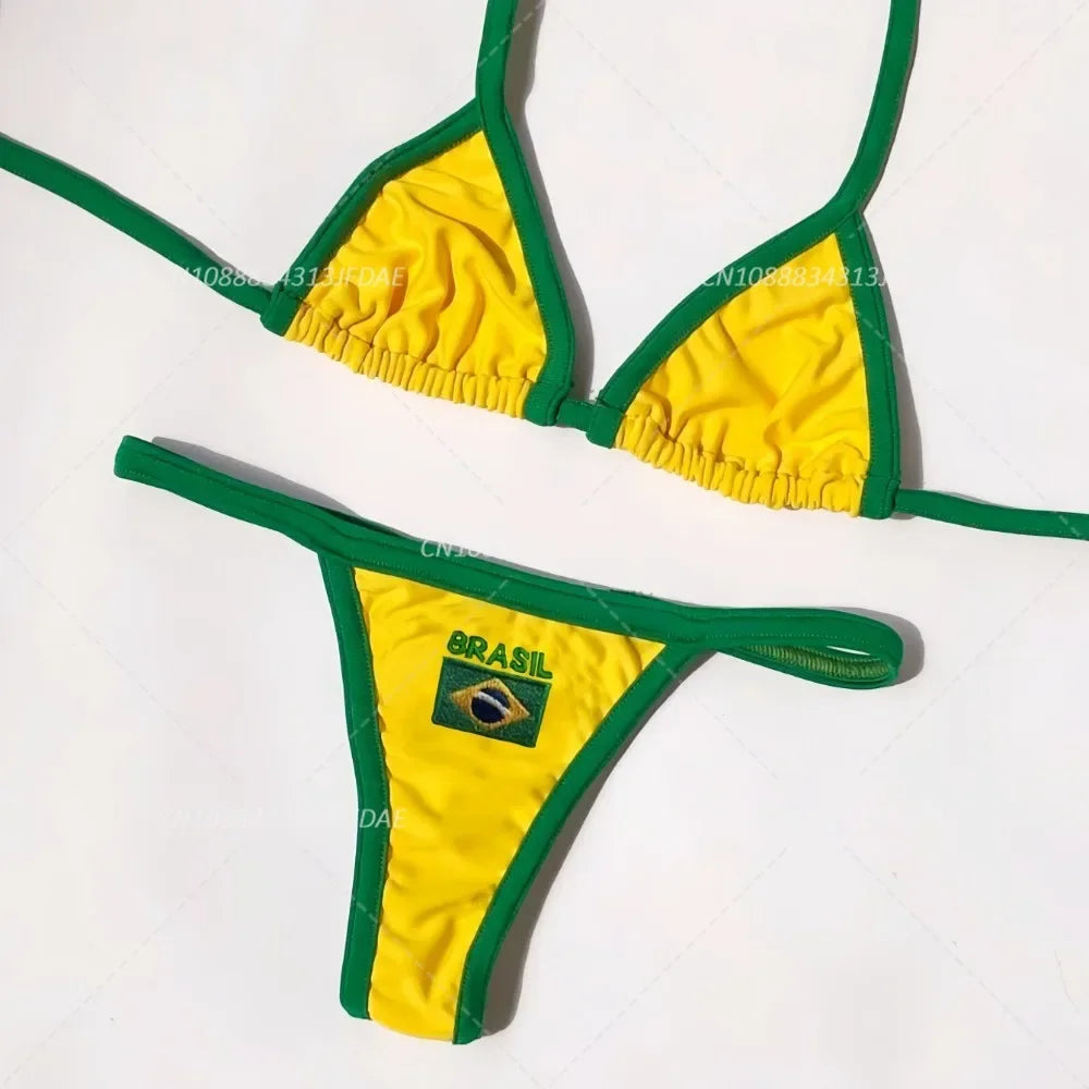 Bikini set with green and yellow design on a white background