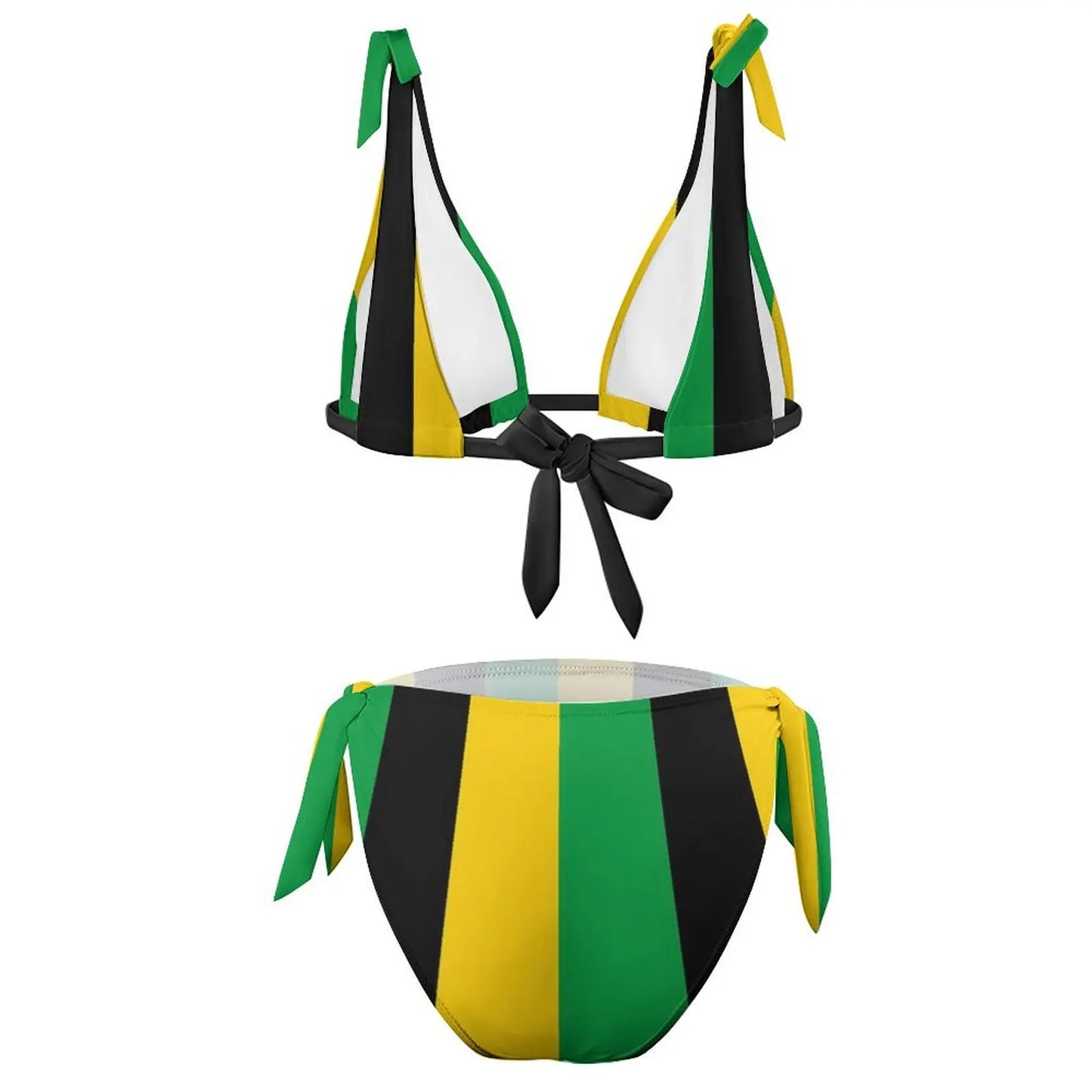 Two-piece swimsuit with black, yellow, and green colors on a white background