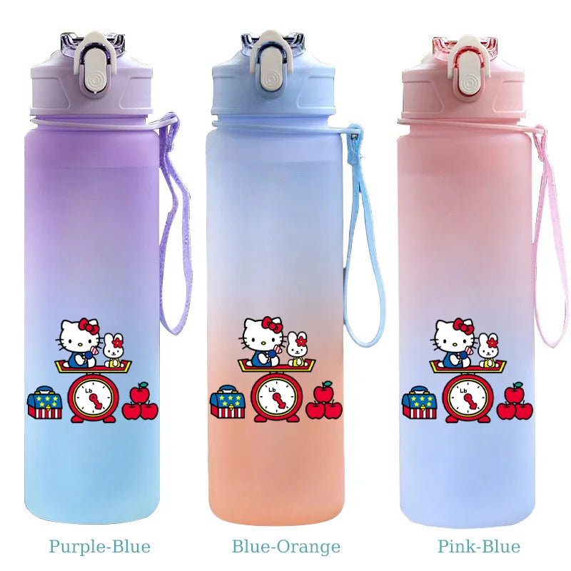 Three gradient water bottles with Hello Kitty designs on a white background