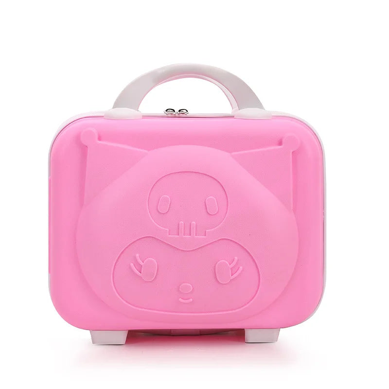 Pink suitcase with a cartoon face design on a white background