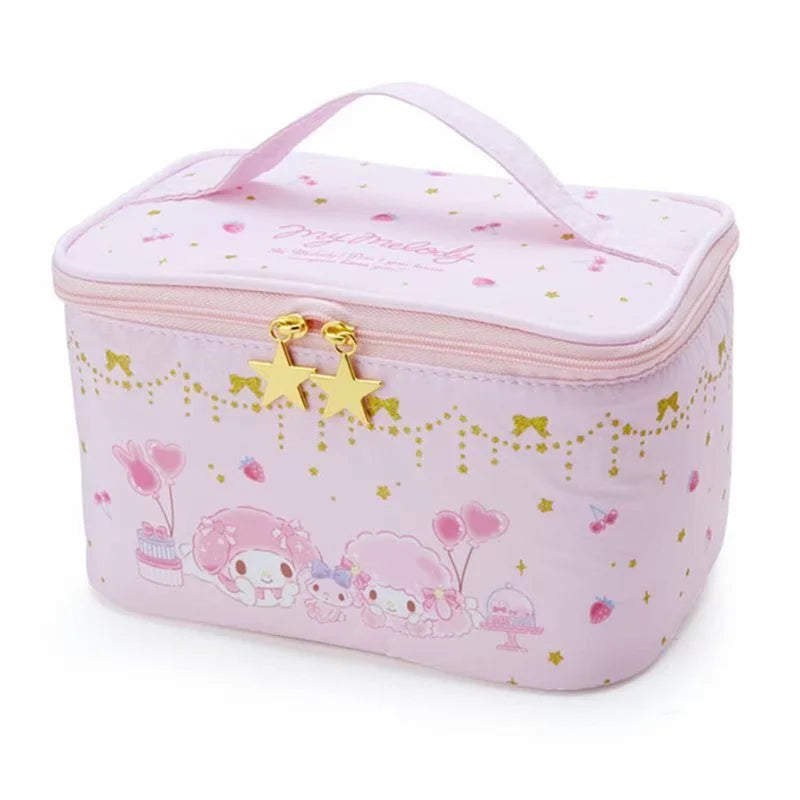 Pink cosmetic bag with cartoon characters and decorative elements on a white background