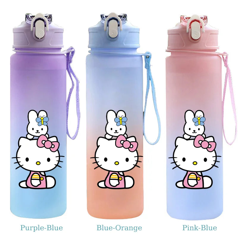 Three gradient water bottles with Hello Kitty design on a white background