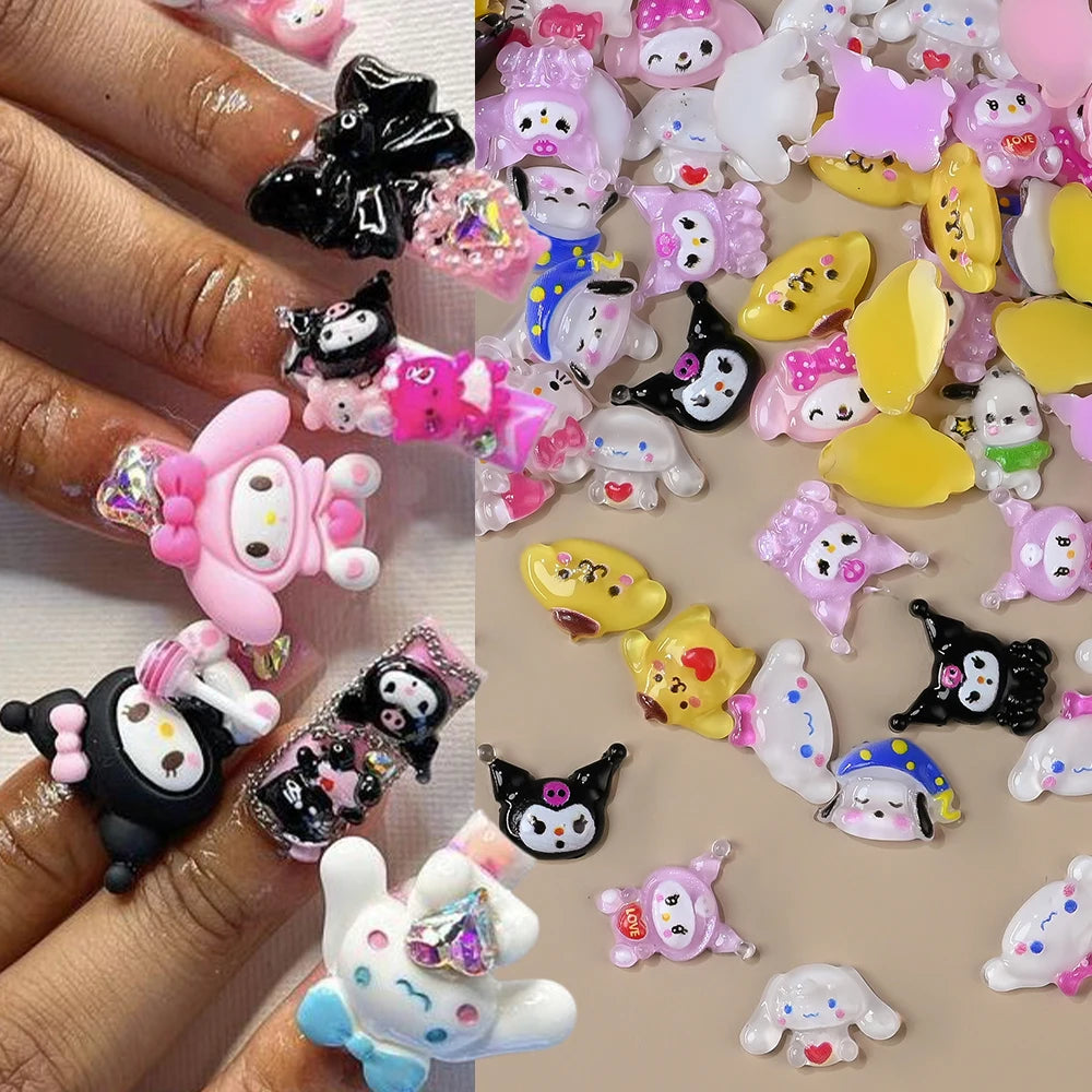 Collage of colorful cartoon-style rings on a hand and scattered on a surface.