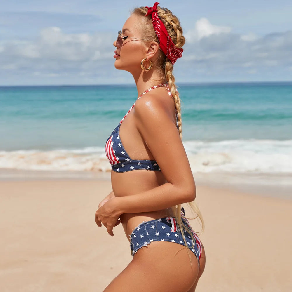 Woman in a patriotic bikini on a beach with ocean view