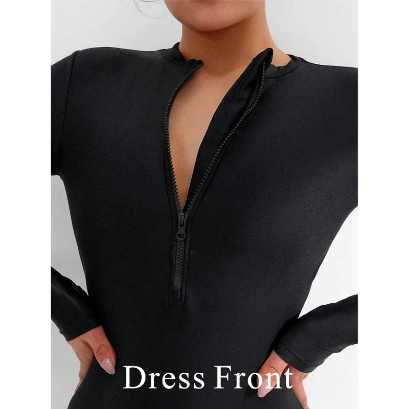 Black dress with a front zipper on a white background