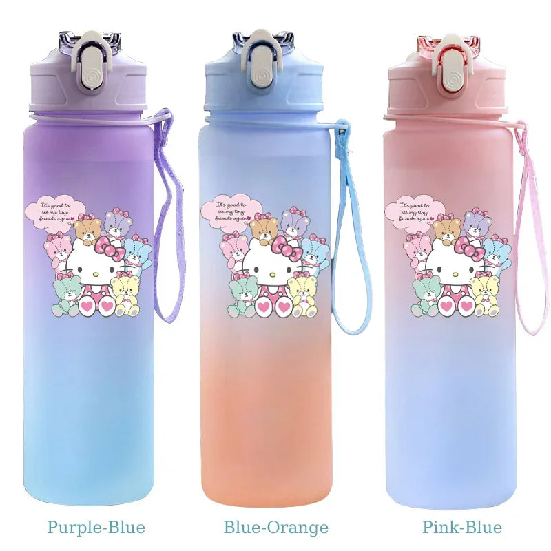 Three colorful water bottles with cartoon characters on a white background