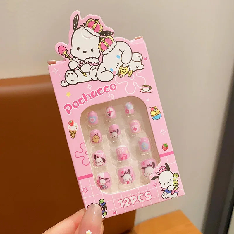 Pink packaging of Pochacco with 12 cartoon-style nail art designs.