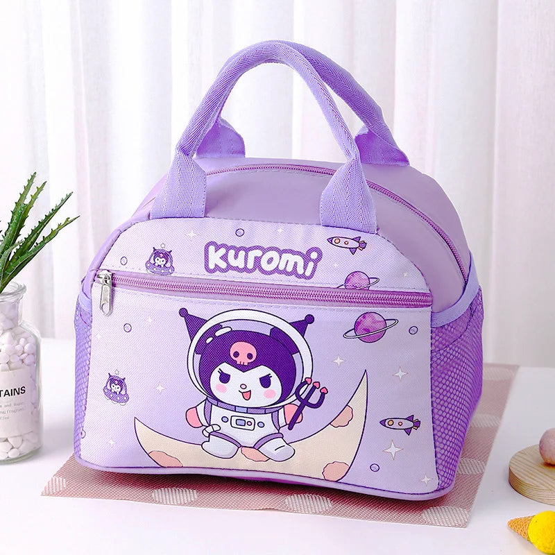 Purple lunch bag with 'Kuromi' character design on a white background