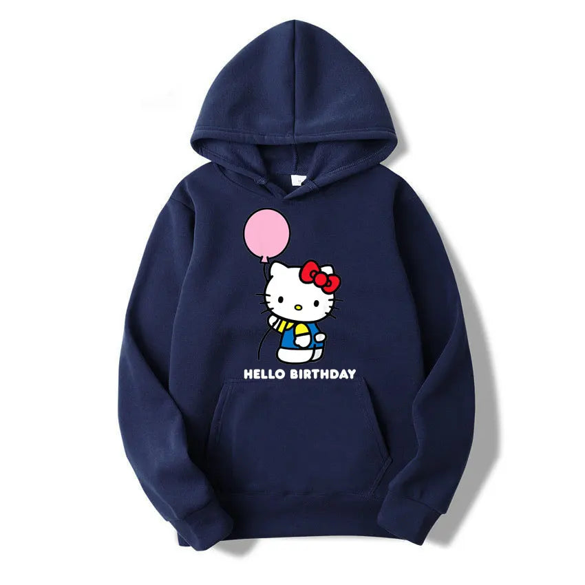 Navy blue hoodie with Hello Kitty design and 'Hello Birthday' text on a white background