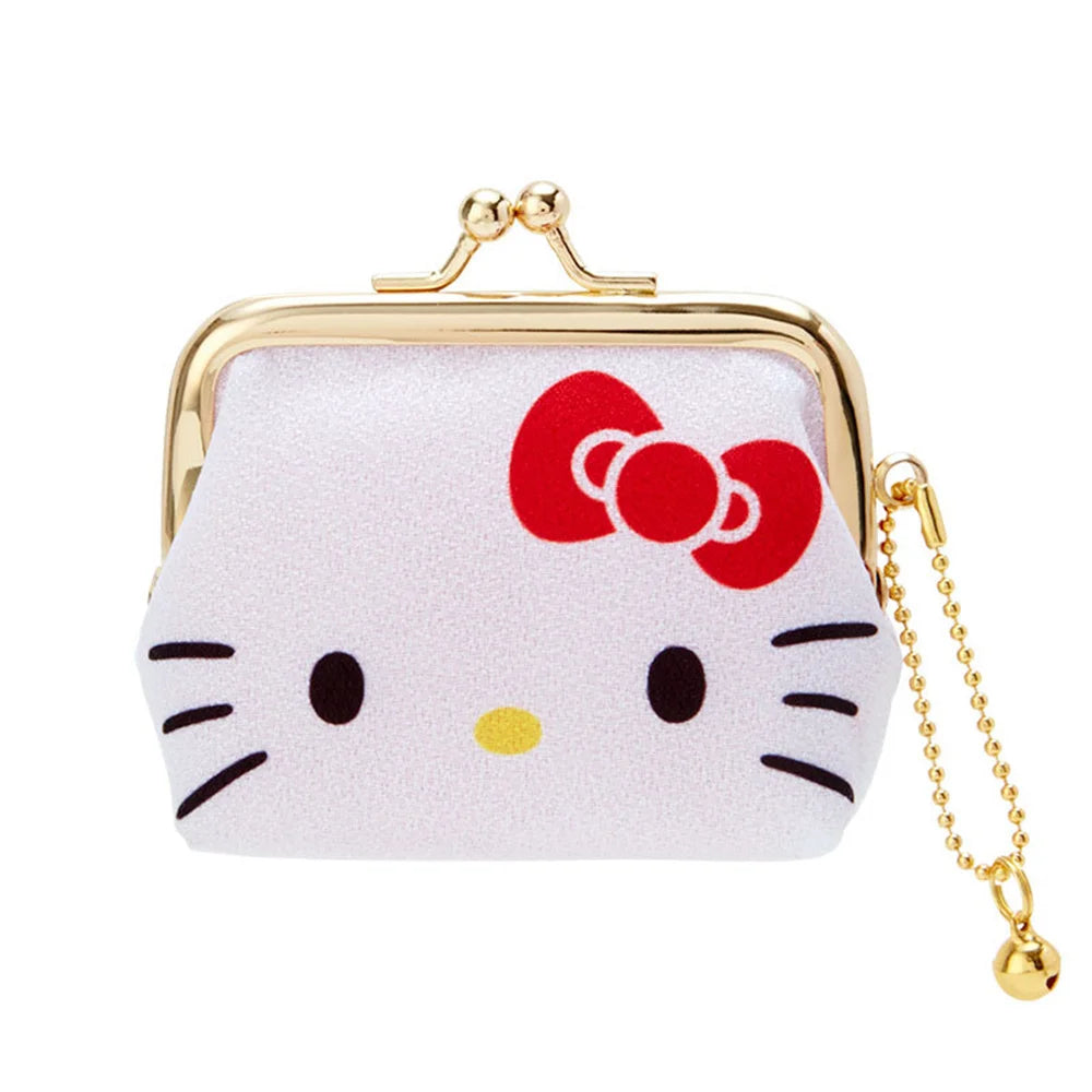 Hello Kitty coin purse with red bow and gold chain on a white background