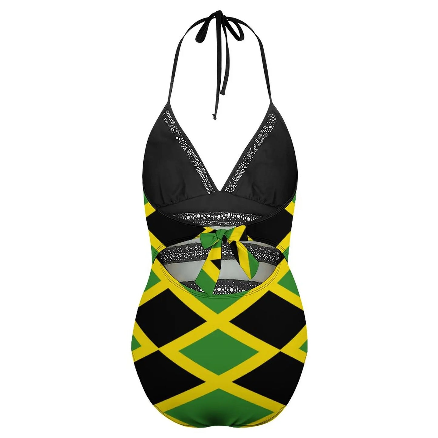 One-piece swimsuit with Jamaican flag design on a white background