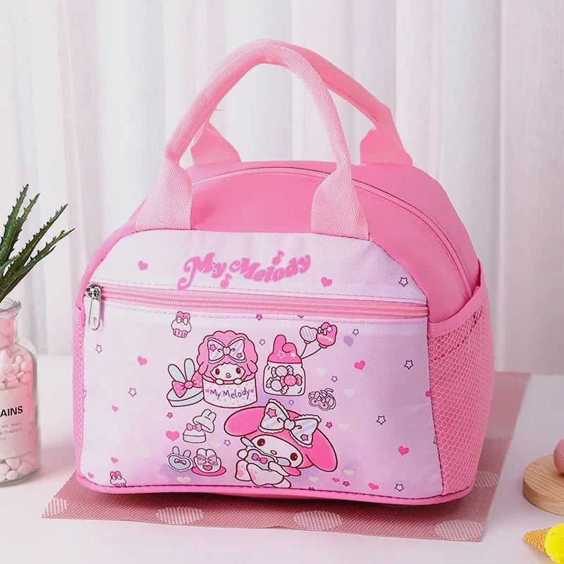 Pink lunch bag with cartoon characters on a white background
