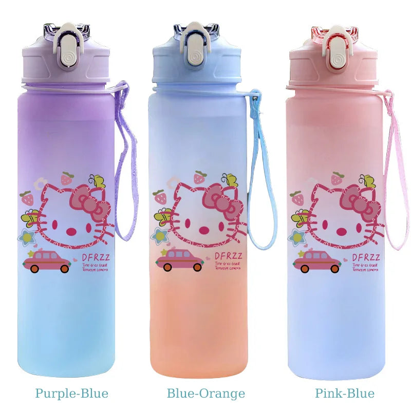 Three colorful water bottles with cartoon character design on a white background