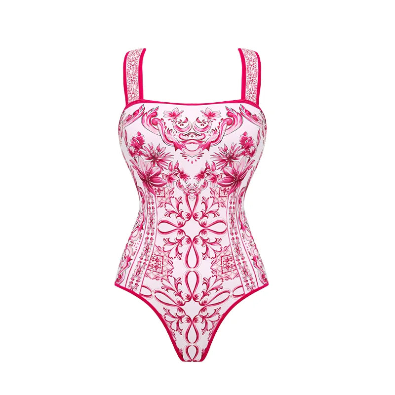 Pink and white floral lace bodysuit on a white background