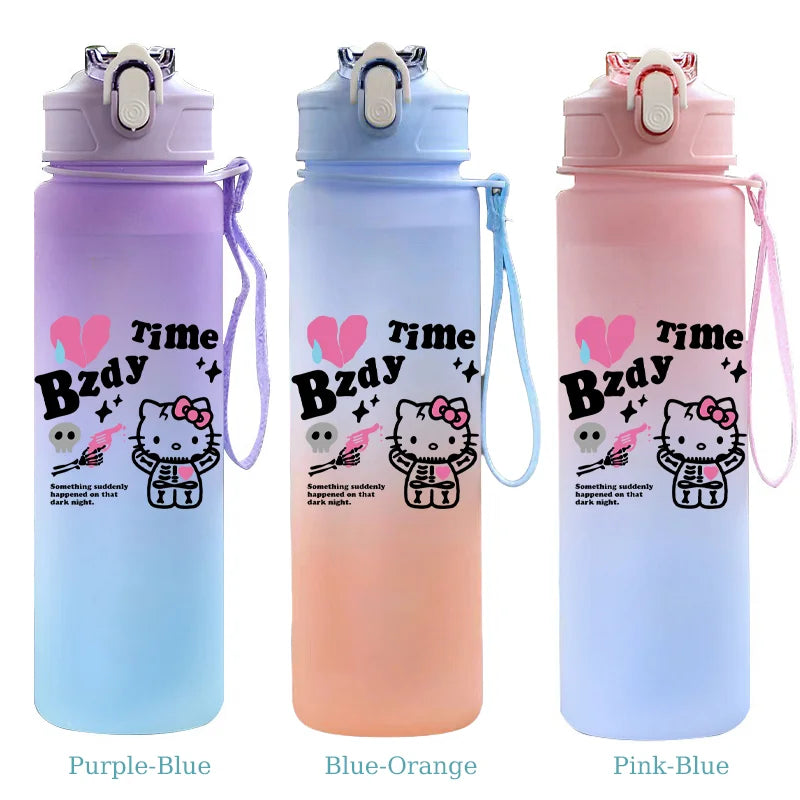 Three gradient water bottles with cartoon character design on a white background