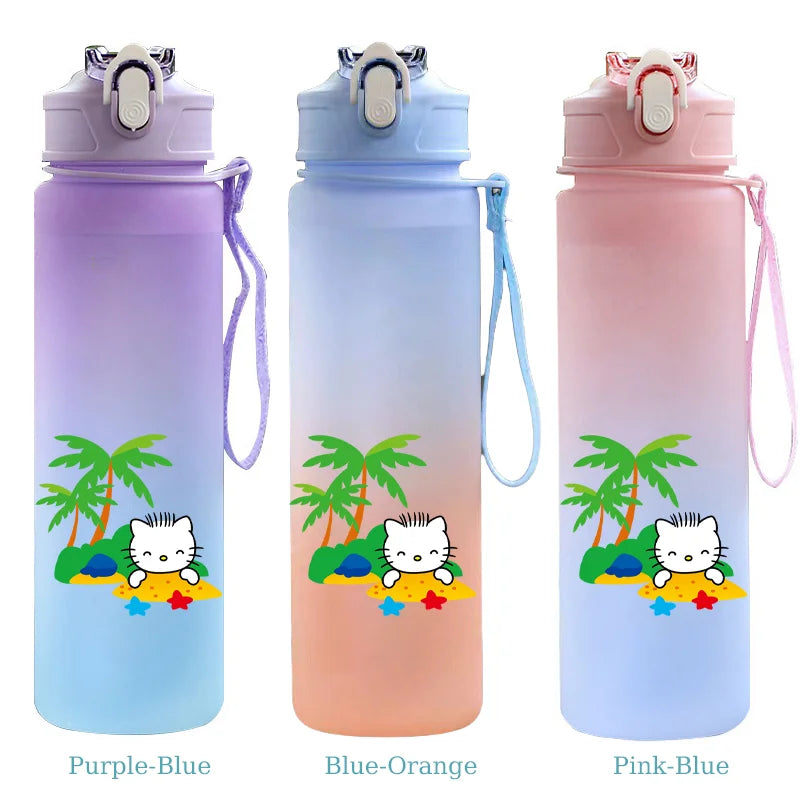 Three gradient water bottles with cartoon cat design on a white background