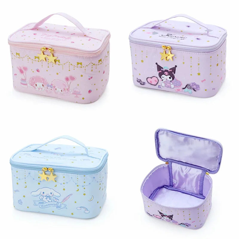 Set of four colorful cosmetic bags with cartoon designs on a white background