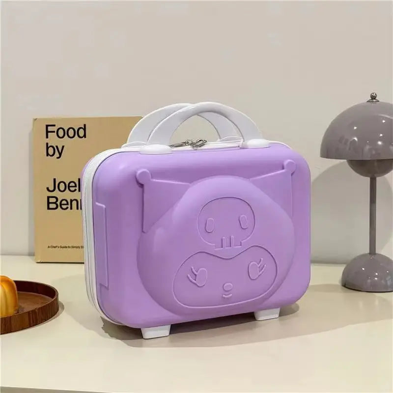 Purple makeup case with a cartoon face design on a neutral background