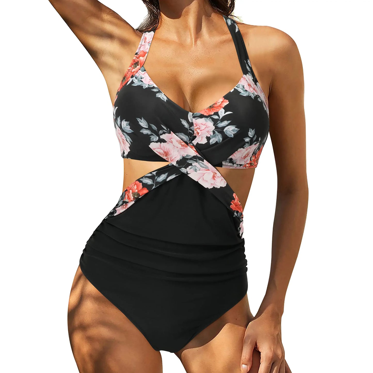Black floral-patterned swimsuit on a white background