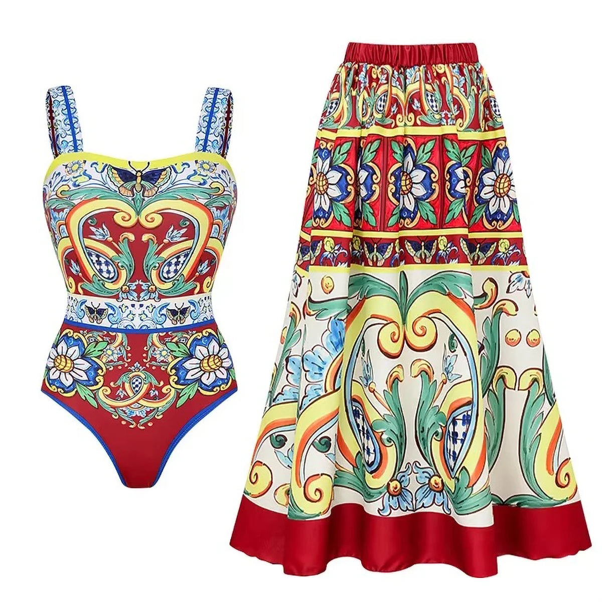 Colorful swimsuit with matching skirt on a white background
