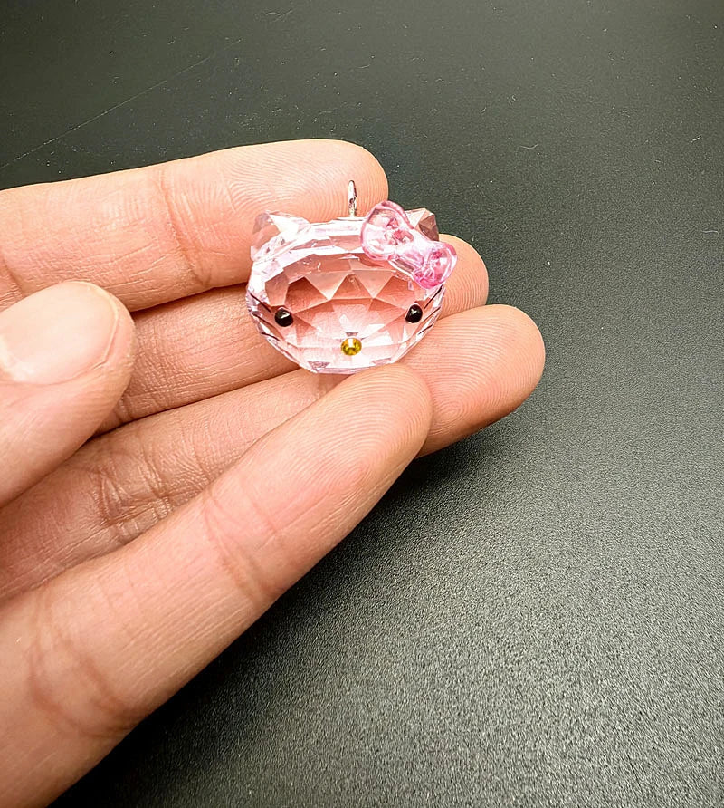 Hand holding a pink crystal cat-shaped object on a dark surface