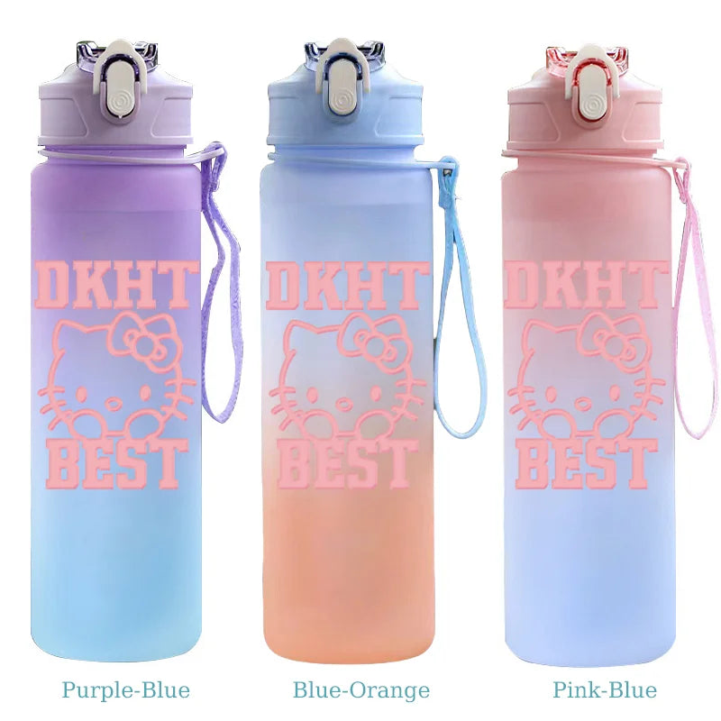 Three water bottles with DKHT Best design in purple, blue, and pink on a white background.